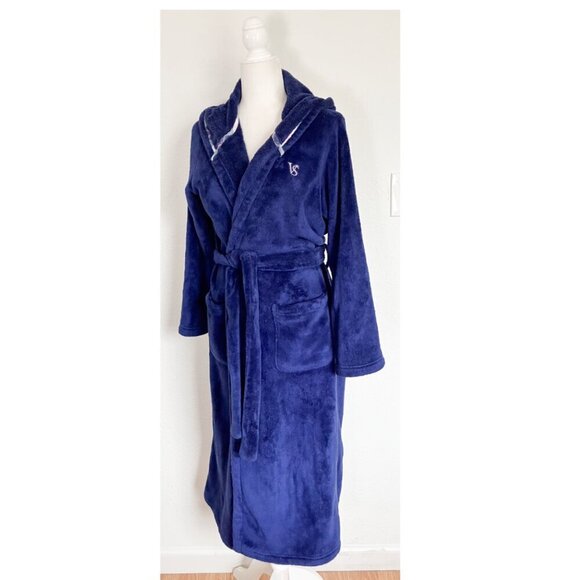 Victoria Secret Hooded Robe Blue Plush Embroidered Logo Pockets Belt Housecoat S - Picture 1 of 10